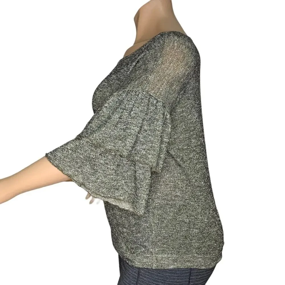 Ana Fine Knit Shimmery Gold Bell Ruffles Sleeves Top Crewneck Size XL